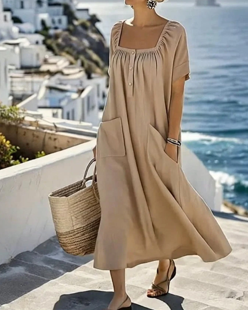 Robe Col Carré Loose Mi-Boutonné Longue