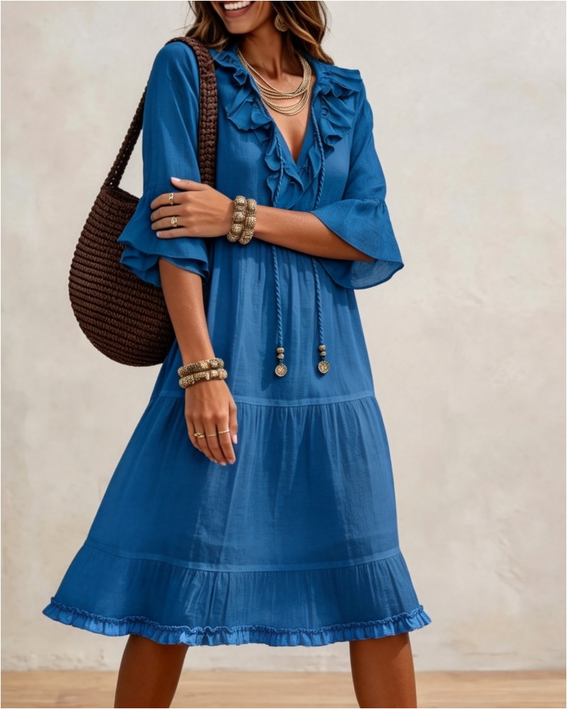 Robe Volants Col V Bretelles Fines