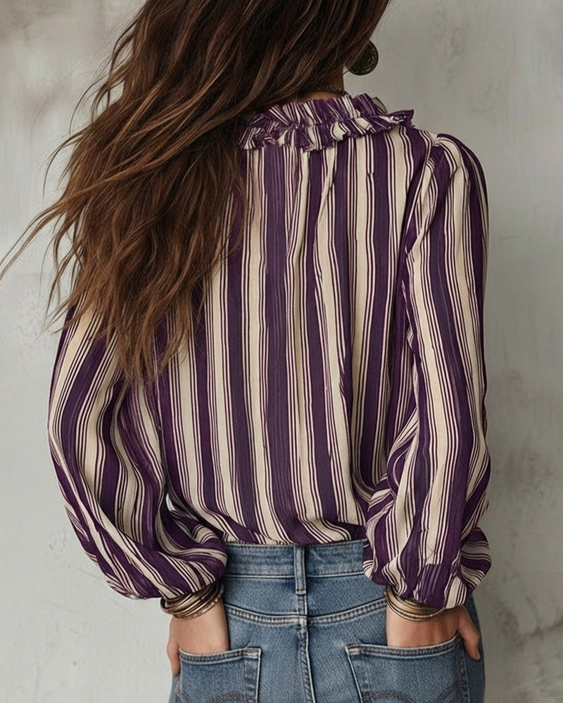 Blouse Profond Col V Rayures Verticales Loose