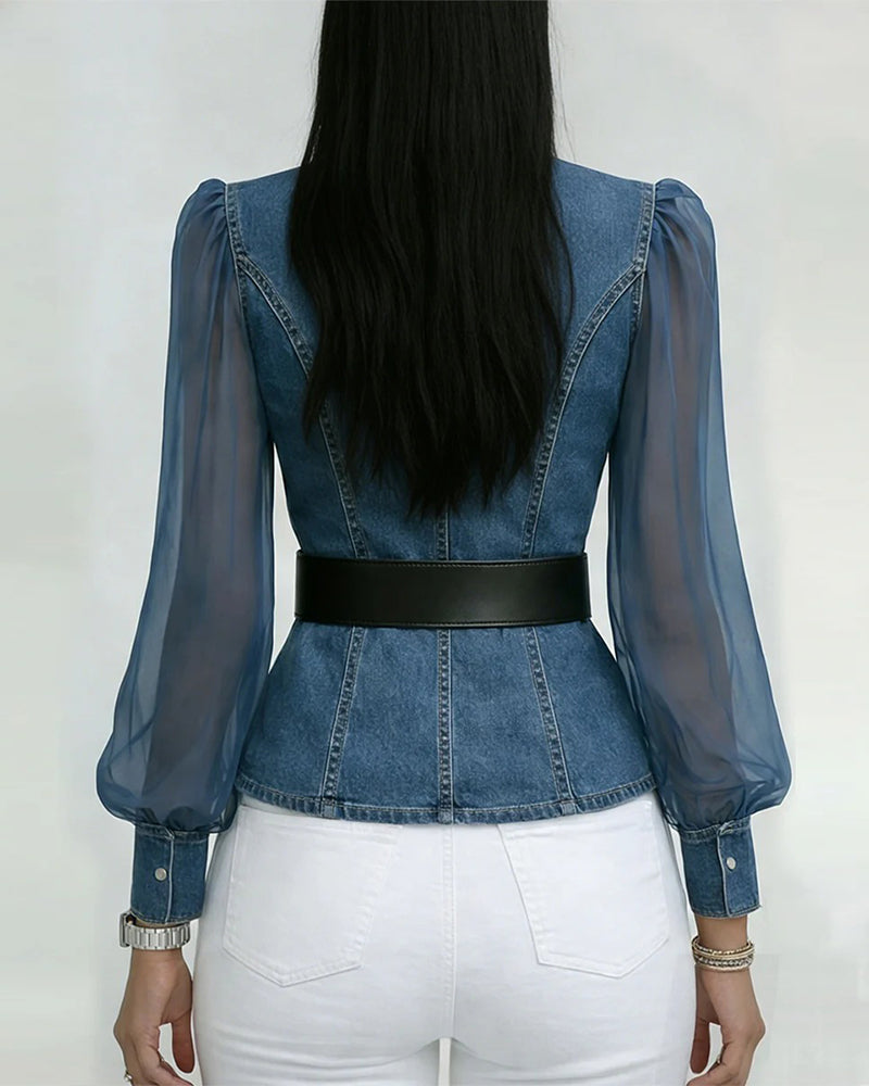 Blouse Élégante En Mesh Et Denim
