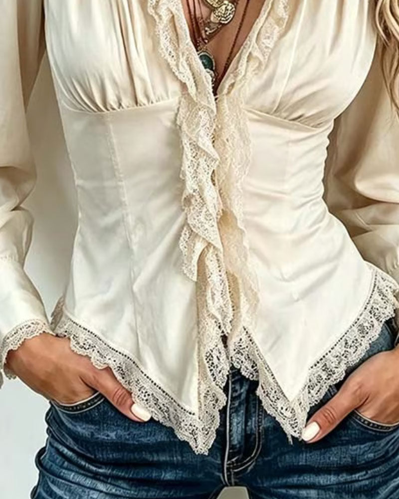 Blouse Col Dentelle Épissé Manches Longues