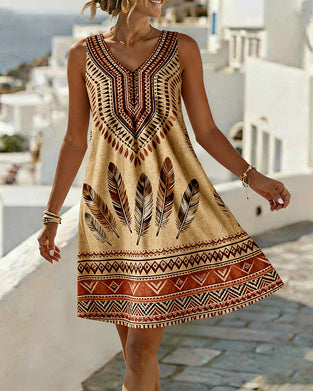 Robe Col-V Sans-Manches Imprimé Ethnique