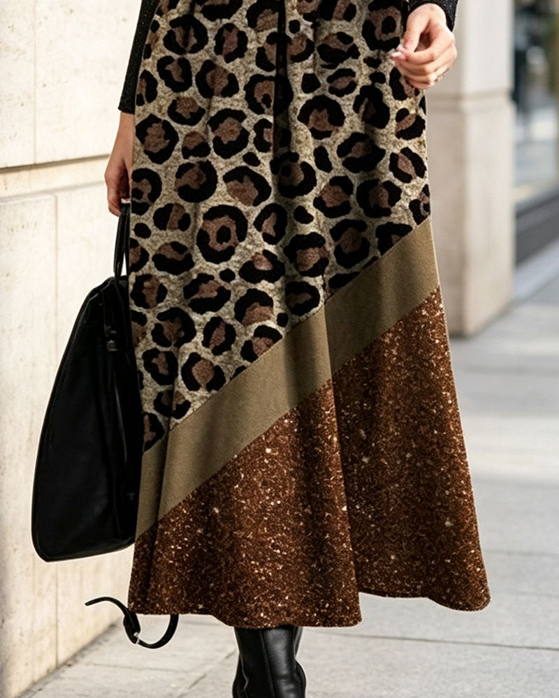 Robe Imprimé Léopard Patchwork Manches Longues