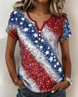 T-Shirts Trois-Bouton Étoiles Et Rayures Manches Courtes
