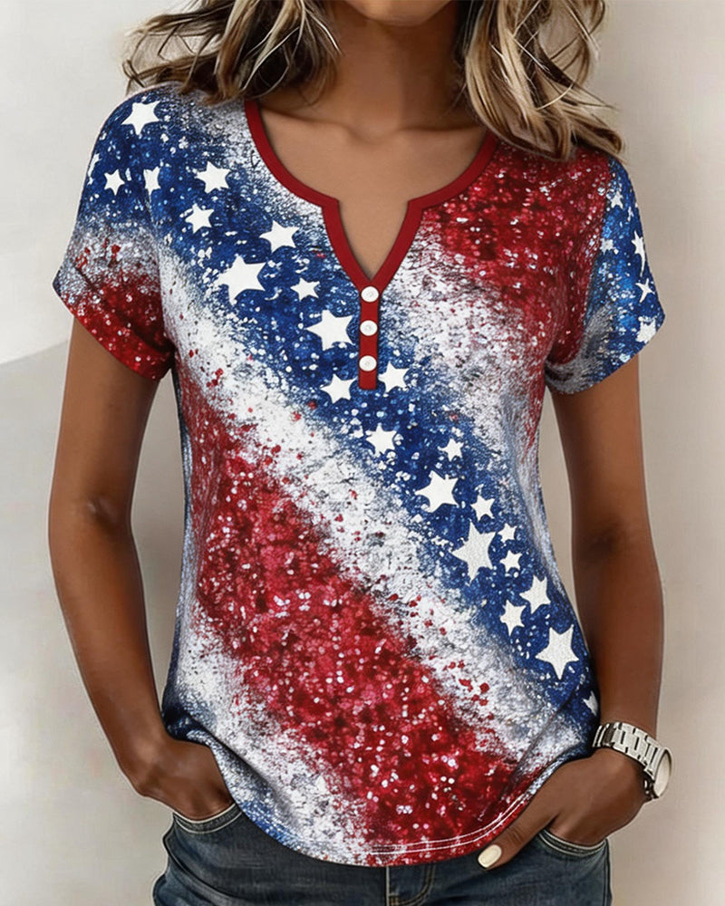 T-Shirts Trois-Bouton Étoiles Et Rayures Manches Courtes