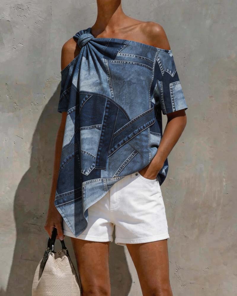 Blouse Une Épaule Twist Nœud Patchwork