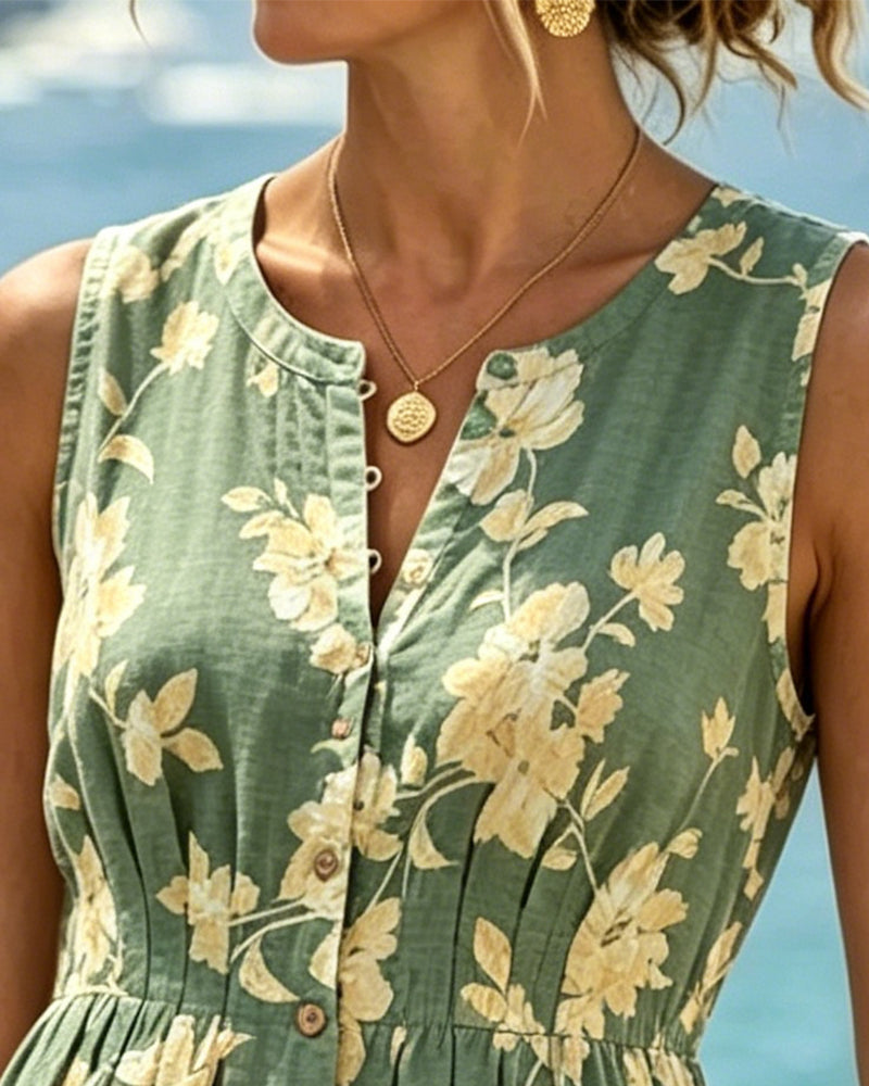 Robe Col Rond Sans Manches Bouton Florale