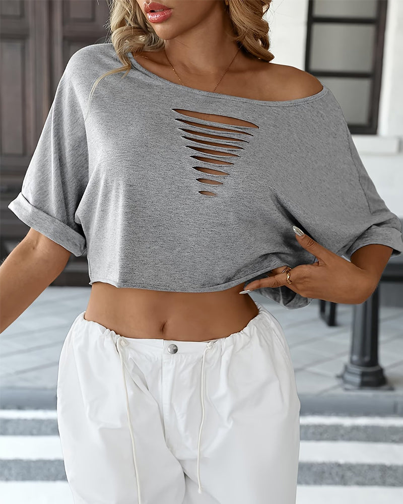 T-Shirts Off-Shoulder Asymétrique Déchiré Ourlet Roulé