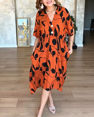 Robe Col En V Bouton Taille Haute Évasée