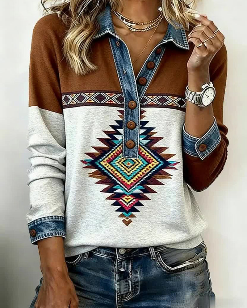 Sweat Imprimé Color-Block À Col Boutonné