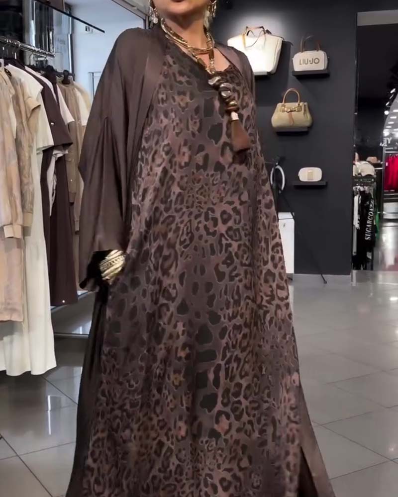 Ensembles Léopard Bretelle Spaghetti Robe Longue Et Cardigan