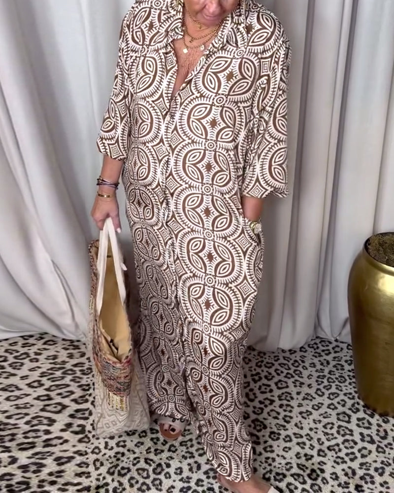 Robe longue imprimée vintage avec poche à revers