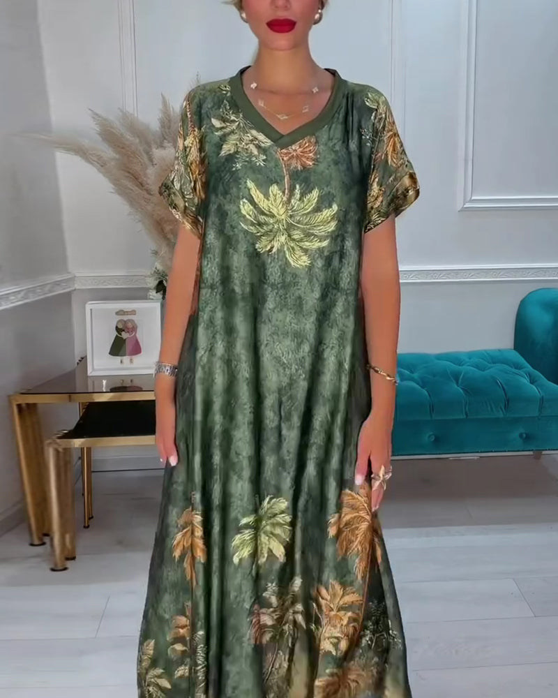 Robe Col En V Palmier Imprimé Manches Courtes Longue