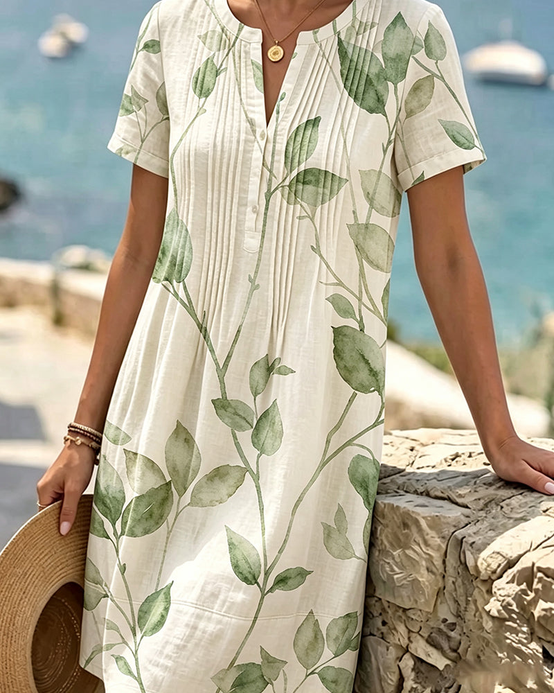 Robe Froncée Imprimé Feuille Manches Courtes Mini