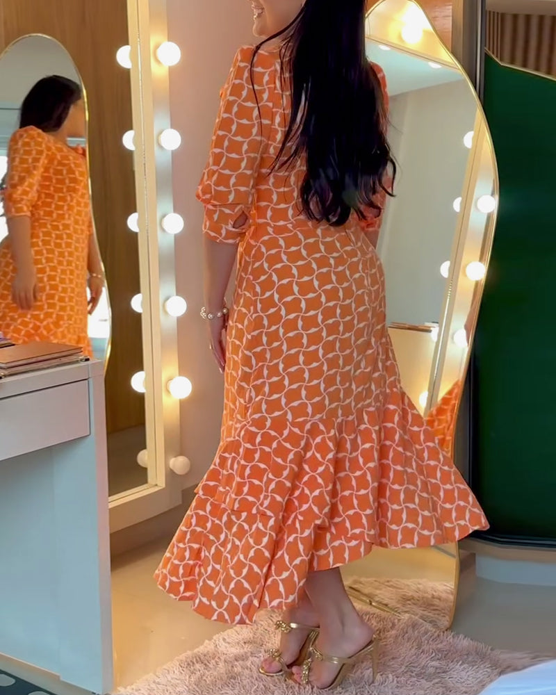 Robe Manches Mi-longues Col Rond Imprimé Taille