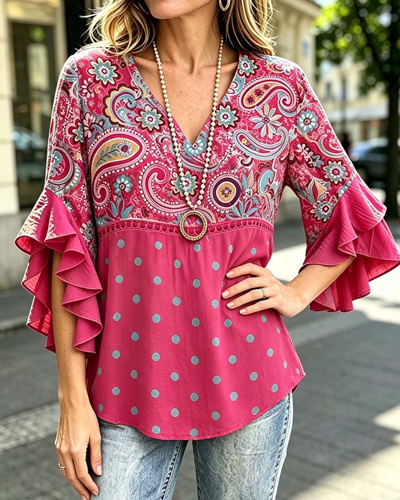 Blouse Col V Florale Pois Volant