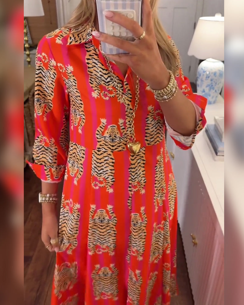 Robe Manche Longue Revers Imprimé Maxi