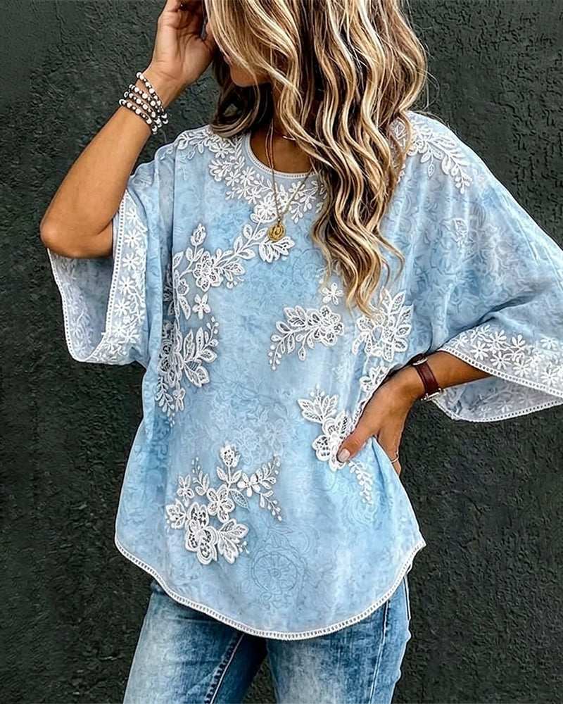 Blouse Col Rond Motif Floral Coupe Ample