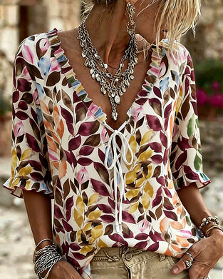 Blouse Décontractée Imprimée À Manches À Volants