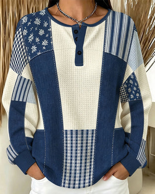 Sweatshirt Col Rond Bouton Floral Plaid