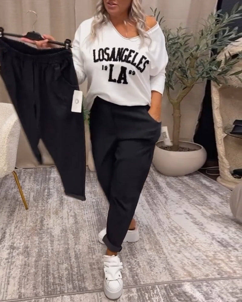 Sweat-shirt décontracté à col en V avec imprimé lettre