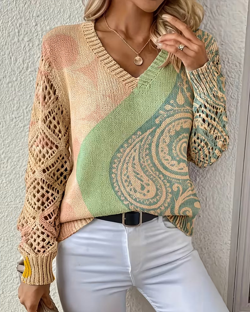 Pullover Bloc De Couleur Évidé Col En V Tricoté