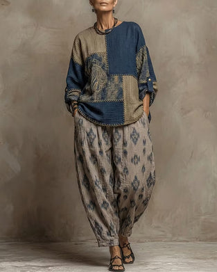 Ensemble Col Rond Vintage Patchwork Haut + Motif Pantalon Effilé