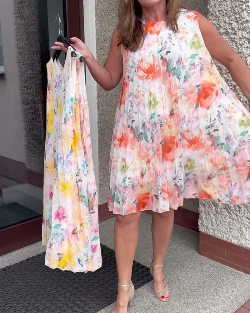 Robe Sans Manches Plissée Fleurie