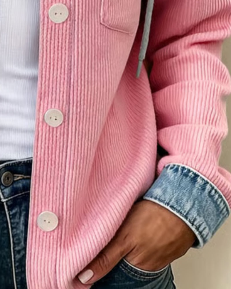 Manteau Capuche Nervuré Denim Patchwork Boutonné