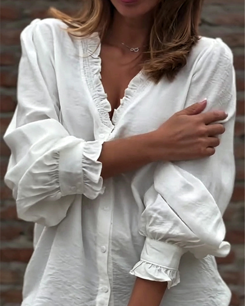 Blouse Col En V Bouton Devant Volant Manches Ballon