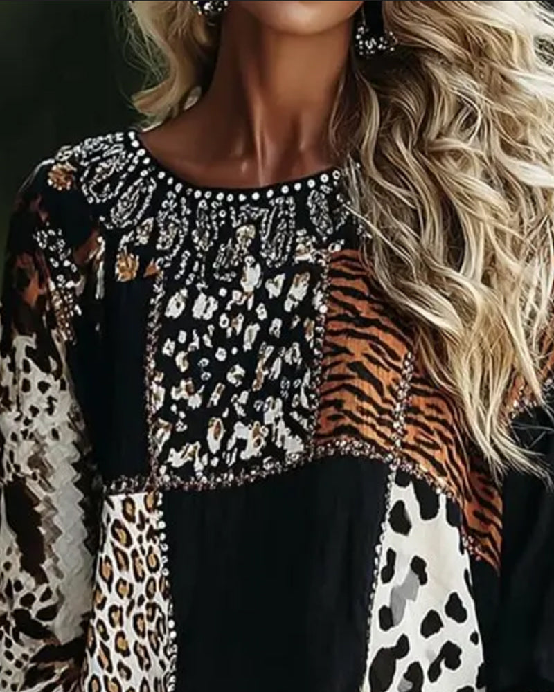 Blouse Col Rond Léopard Tigre Imprimé Contraste