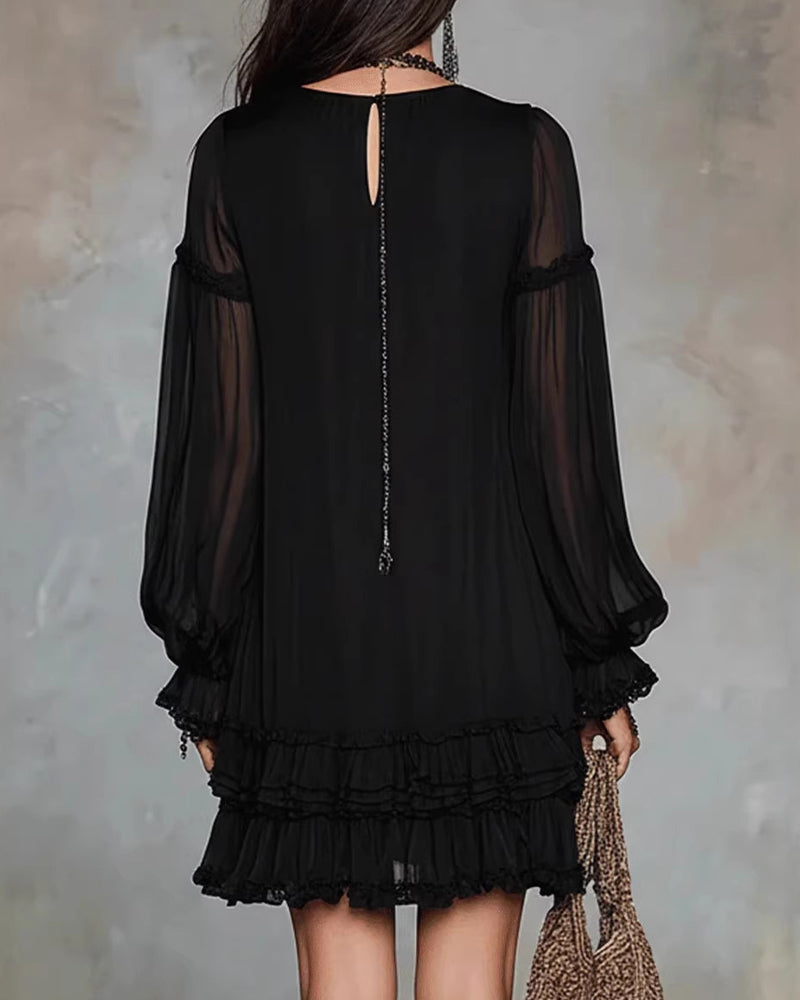 Robe Col V Manche Longue Volant