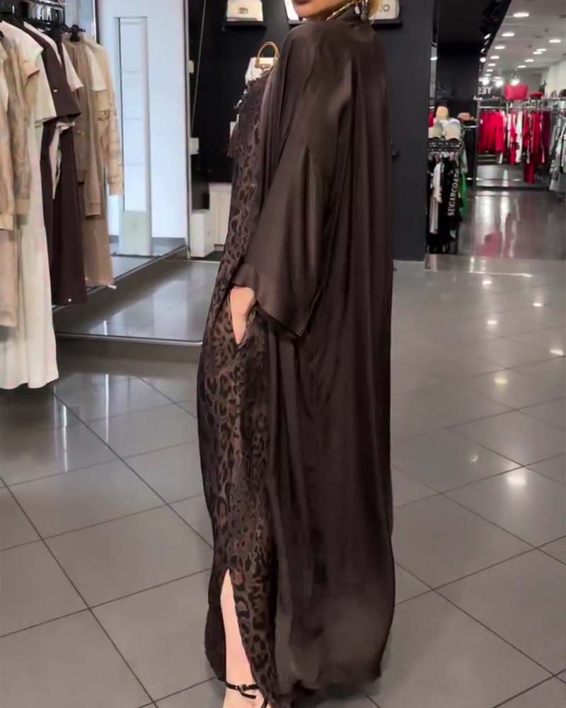 Ensembles Léopard Bretelle Spaghetti Robe Longue Et Cardigan