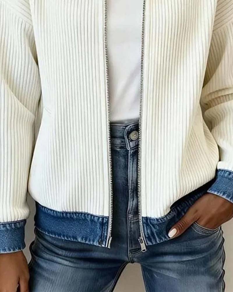 Manteau Revers Fermeture Éclair Denim Panneau