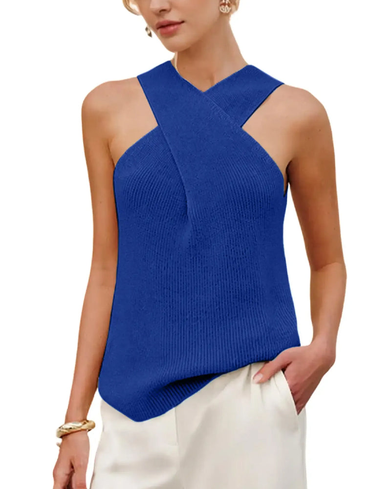 Haut Femme Halter Col Croisé Débardeur Tricot Sans Manches