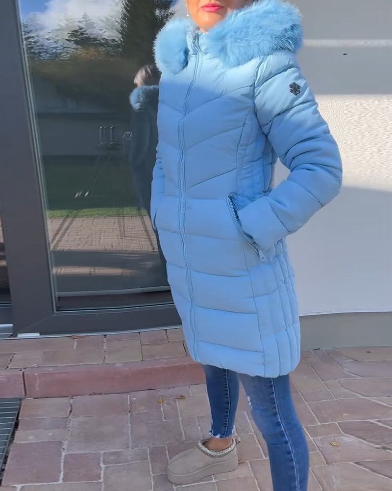 Veste matelassée décontractée à capuche avec poche zippée et couleur unie