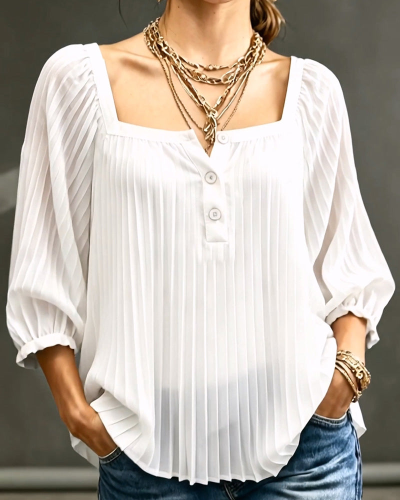 Chemise Col Carré Plissé Manches Bouffantes