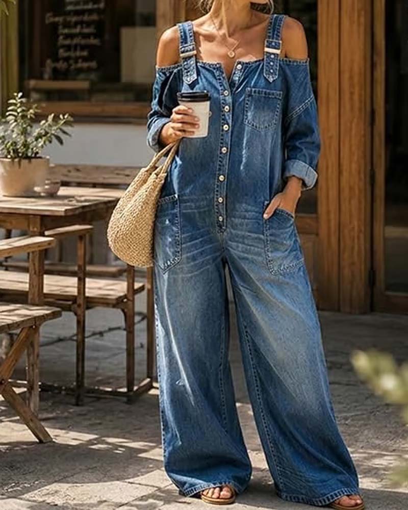 Jumpsuit Bretelle Spaghetti Épaule Dégagée Jambe Large Denim