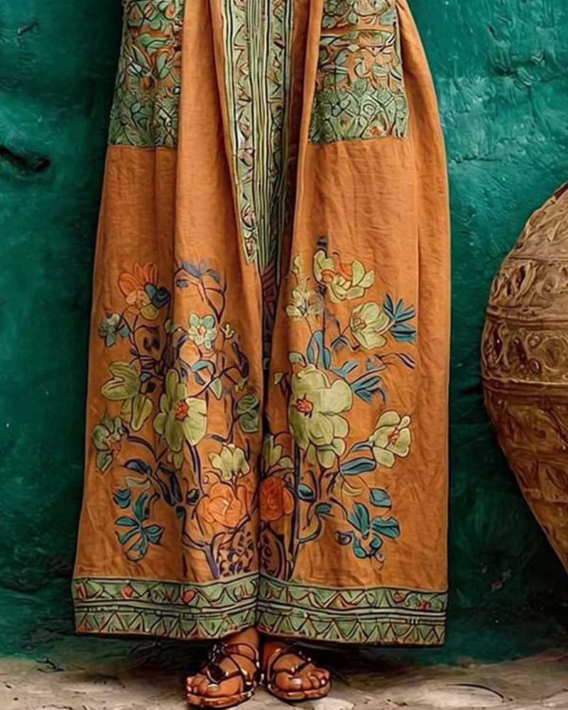 Robe Rétro Imprimé Poche Sans Manches Longue