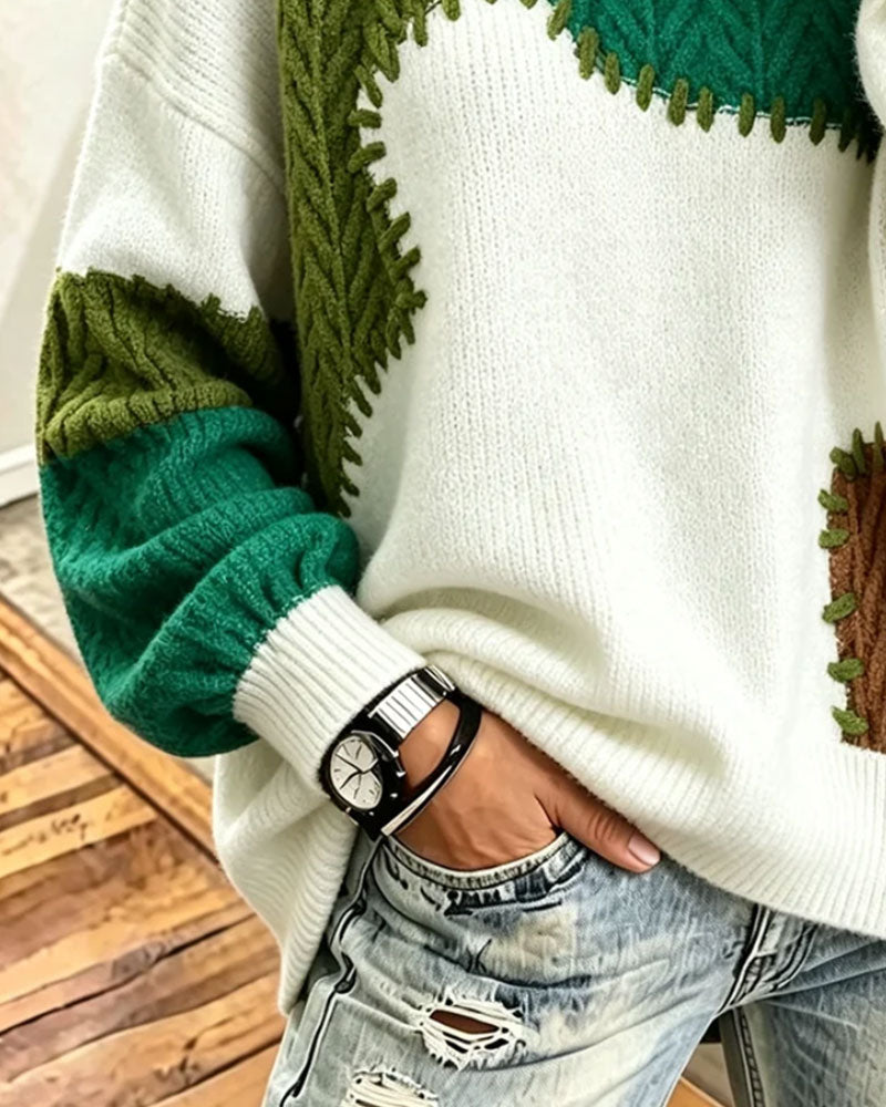 Pullover Col Rond Contrastant Épaule Tombante Patchwork