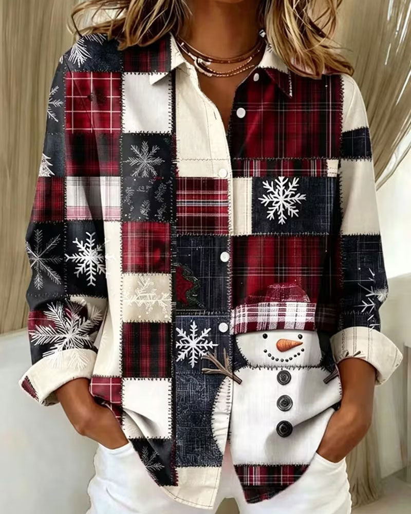Chemise Revers Bouton À Carreaux Style Noël