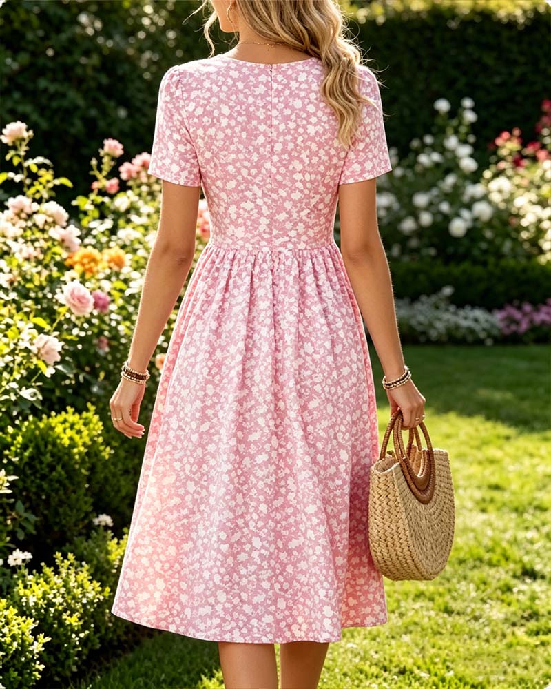 Robe Col En V Manches Courtes Petit Fleuri