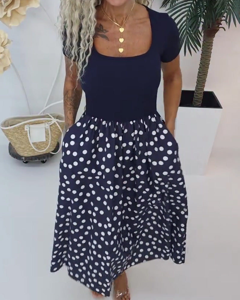 Robe Col Carré Polka Dot Patchwork