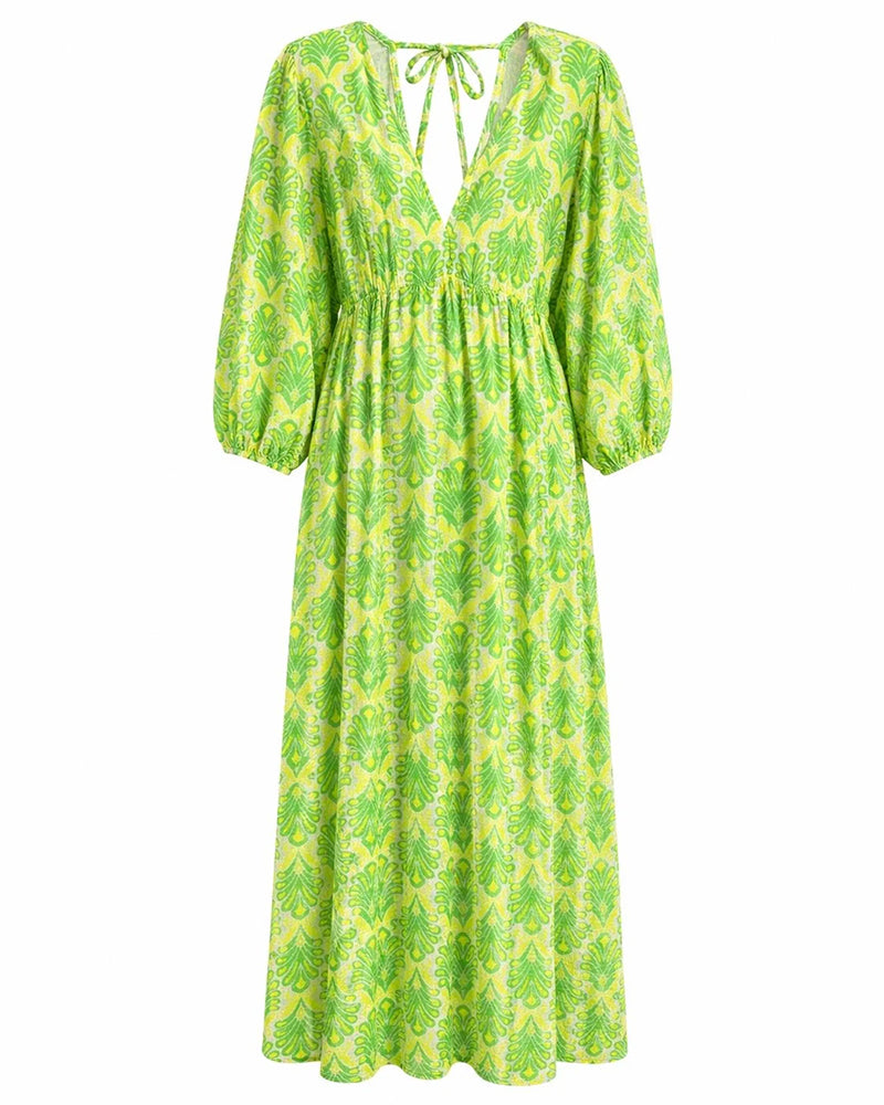 Robe Bloc Couleur Vintage Motif Feuille