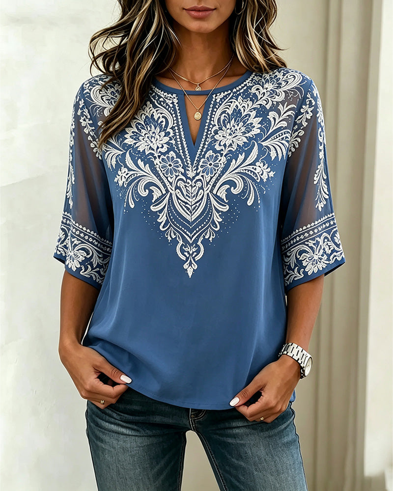 Blouse Col En V Sheer Ethnique Imprimé