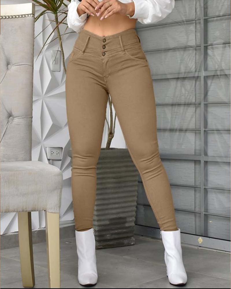 Pantalon Taille Haute Poche Bouton Mince