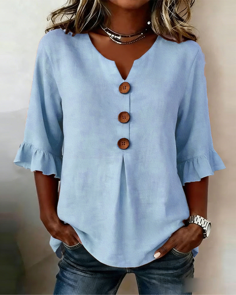 Blouses Unies Coton-Lin Boutons En Bois Volants