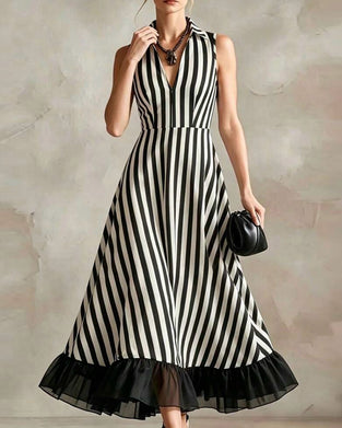 Robe Col-V Rayée Sans Manches