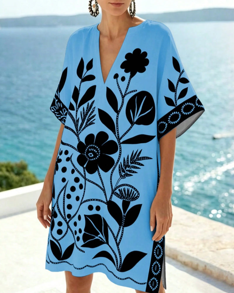 Robe Floral Print V Encolure Fente