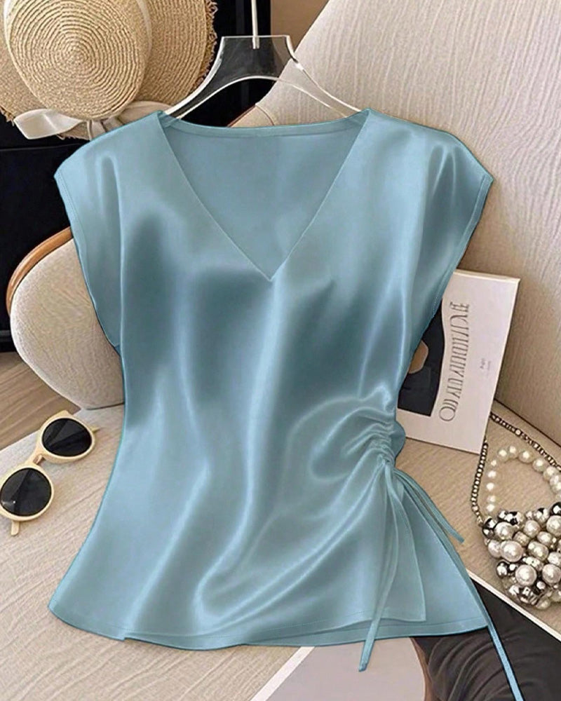 Blouse Sans Manches Col V À Cordon